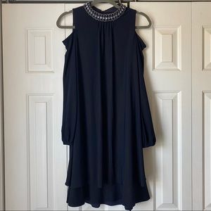 XSCAPE | Long sleeve navy dress with open shoulder